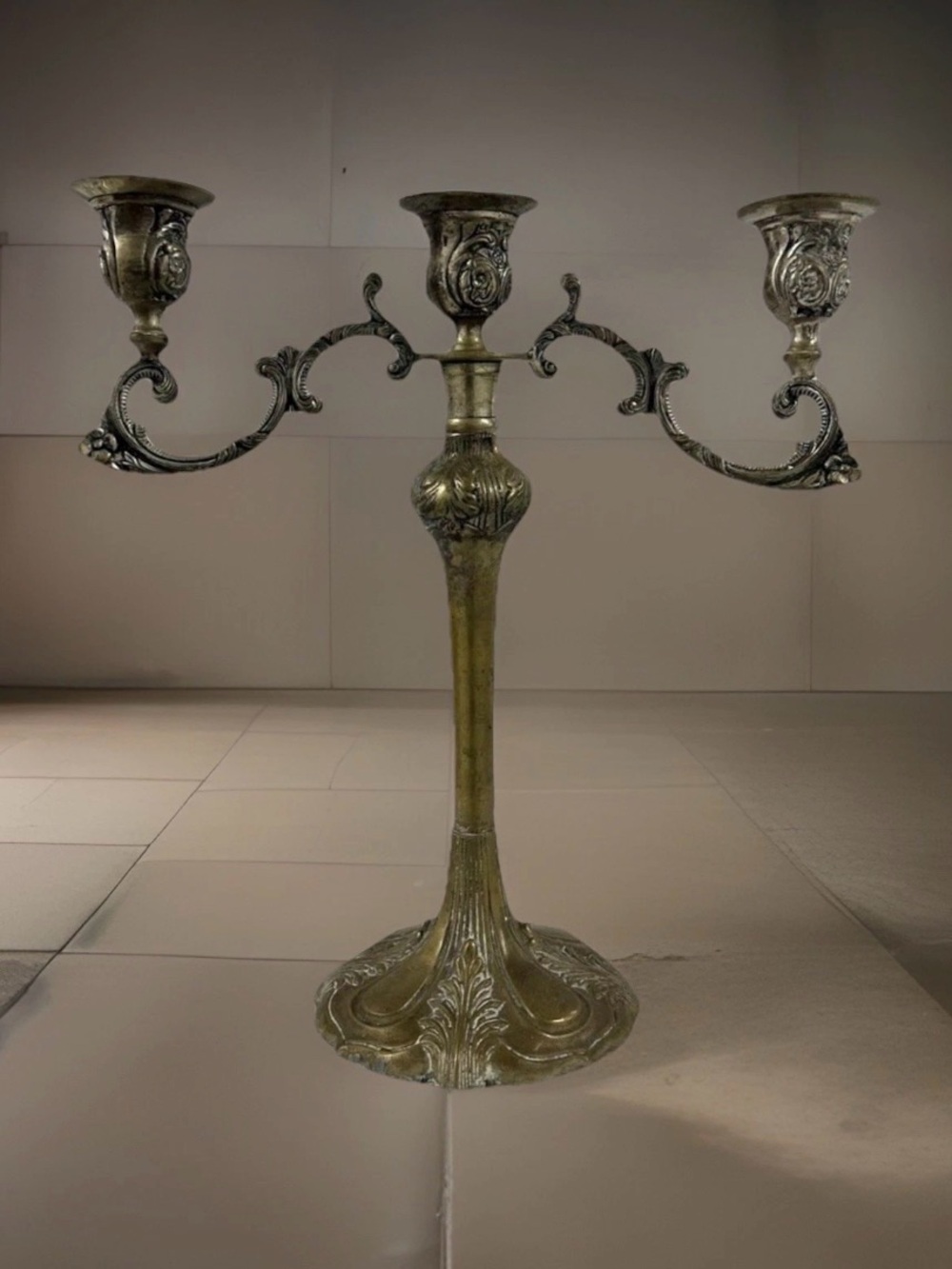 Vintage Ornate 3 Arm Candelabra Brass Art Nouveau Rococo Candle Holder 12”